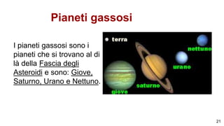 Pianeti gassosi
I pianeti gassosi sono i
pianeti che si trovano al di
là della Fascia degli
Asteroidi e sono: Giove,
Saturno, Urano e Nettuno.
21
 