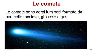 Le comete
Le comete sono corpi luminosi formate da
particelle rocciose, ghiaccio e gas.
26
 