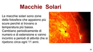 Macchie Solari
Le macchie solari sono zone
della fotosfera che appaiono più
scure perché si trovano a
temperatura più bassa.
Cambiano periodicamente di
numero e di estensione e vanno
incontro a periodi di attività che si
ripetono circa ogni 11 anni.
36
 
