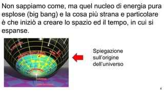 Non sappiamo come, ma quel nucleo di energia pura
esplose (big bang) e la cosa più strana e particolare
è che iniziò a creare lo spazio ed il tempo, in cui si
espanse.
Spiegazione
sull’origine
dell’universo.
4
 