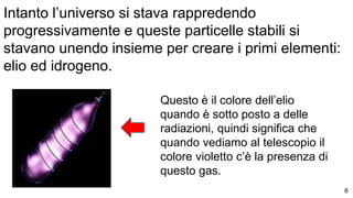 Intanto l’universo si stava rappredendo
progressivamente e queste particelle stabili si
stavano unendo insieme per creare i primi elementi:
elio ed idrogeno.
Questo è il colore dell’elio
quando è sotto posto a delle
radiazioni, quindi significa che
quando vediamo al telescopio il
colore violetto c’è la presenza di
questo gas.
8
 