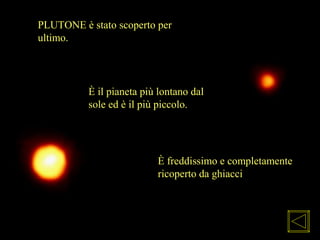 È freddissimo e completamente
ricoperto da ghiacci
PLUTONE è stato scoperto per
ultimo.
È il pianeta più lontano dal
sole ed è il più piccolo.
 