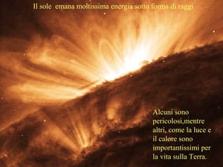 Alcuni sono
pericolosi,mentre
altri, come la luce e
il calore sono
importantissimi per
la vita sulla Terra.
Il sole emana moltissima energia sotto forma di raggi
 
