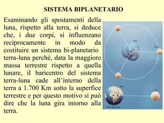 SISTEMA BIPLANETARIO Esaminando gli spostamenti della luna, rispetto alla terra, si deduce che, i due corpi, si influenzano reciprocamente in modo da costituire un sistema bi-planetario  terra-luna perché, data la maggiore massa terrestre rispetto a quella lunare, il baricentro del sistema terra-luna cade all’interno della terra a 1.700 Km sotto la superfice terrestre e per questo motivo si può dire che la luna gira intorno alla terra. 