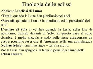 Tipologia delle eclissi Abbiamo le  eclissi di Luna: Totali , quando la Luna è in plenilunio nei nodi Parziali , quando la Luna è in plenilunio ed in prossimità dei nodi. L'eclisse di Sole  si verifica quando la Luna, nella fase di novilunio, transita davanti al Sole: in questo caso il cono d'ombra è molto piccolo e solo nelle zone attraversate da esso è possibile osservare il fenomeno nella sua completezza ( eclisse totale ) luna in perigeo – terra in afelio.  Se la Luna è in apogeo e la terra in perieliosi hanno delle  eclissi anulari . 