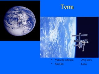 Terra Diametro: 12742 km Densità: 5,51 g/cm 3 Massa:  5,977x10 27  g Gravità: 1 T Temperatura: +15 Distanza Sole: 149,6 mil. Periodo rivoluz.: 365,25 giorni Periodo rotaz.:  23 h  56 m  04 s Velocità orbitale: 29,8 km/s Satelliti: Luna 