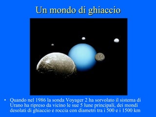 Un mondo di ghiaccio Quando nel 1986 la sonda Voyager 2 ha sorvolato il sistema di Urano ha ripreso da vicino le sue 5 lune principali, dei mondi desolati di ghiaccio e roccia con diametri tra i 500 e i 1500 km 