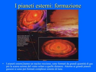 I pianeti esterni: formazione I pianeti esterni,hanno un nucleo roccioso, sono formati da grandi quantità di gas per la scarsa azione del vento solare a quelle distanze. Attorno ai grandi pianeti gassosi si sono poi formati complessi sistemi di lune. 