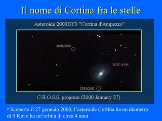 Il nome di Cortina fra le stelle Scoperto il 27 gennaio 2000, l’asteroide Cortina ha un diametro di 5 Km e ha un’orbita di circa 4 anni 