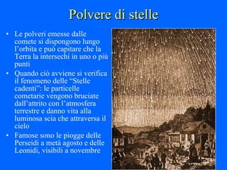 Polvere di stelle Le polveri emesse dalle comete si dispongono lungo l’orbita e può capitare che la Terra la intersechi in uno o più punti Quando ciò avviene si verifica il fenomeno delle “Stelle cadenti”: le particelle cometarie vengono bruciate dall’attrito con l’atmosfera terrestre e danno vita alla luminosa scia che attraversa il cielo Famose sono le piogge delle Perseidi a metà agosto e delle Leonidi, visibili a novembre  