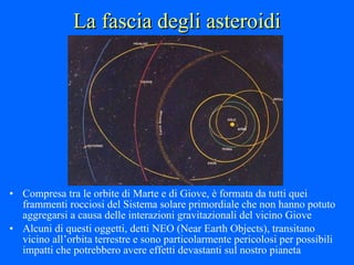 La fascia degli asteroidi Compresa tra le orbite di Marte e di Giove, è formata da tutti quei frammenti rocciosi del Sistema solare primordiale che non hanno potuto aggregarsi a causa delle interazioni gravitazionali del vicino Giove Alcuni di questi oggetti, detti NEO (Near Earth Objects), transitano vicino all’orbita terrestre e sono particolarmente pericolosi per possibili impatti che potrebbero avere effetti devastanti sul nostro pianeta 