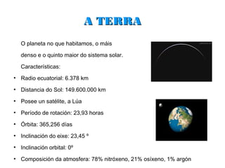 A TERRA
    O planeta no que habitamos, o máis

    denso e o quinto maior do sistema solar.

    Características:
●
    Radio ecuatorial: 6.378 km
●
    Distancia do Sol: 149.600.000 km
●
    Posee un satélite, a Lúa
●
    Período de rotación: 23,93 horas
●
    Órbita: 365,256 días
●
    Inclinación do eixe: 23,45 º
●
    Inclinación orbital: 0º
●
    Composición da atmosfera: 78% nitróxeno, 21% osíxeno, 1% argón
 