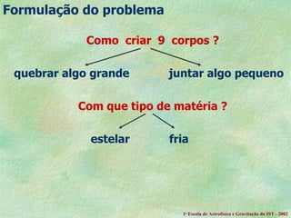 Como  criar  9  corpos ? quebrar algo grande  juntar algo pequeno Com que tipo de matéria ?     estelar  fria   Formula ção do problema 1 a  Escola de Astrof ísica e Gravitação do IST - 2002 
