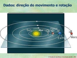 Dados: direção do movimento e rotação 1 a  Escola de Astrof ísica e Gravitação do IST - 2002 
