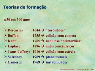 Teorias de formação    50 em 300 anos Descartes  1644    “turbilhões” Buffon 1755    colisão com cometa Kant 1765    nebulosa “primordial” Laplace 1796    anéis concêntricos Jeans-Jeffreys  1916    colisão com estrela Safronov 1969    planetesimais Cameron 1969    instabilidades 1 a  Escola de Astrof ísica e Gravitação do IST - 2002 