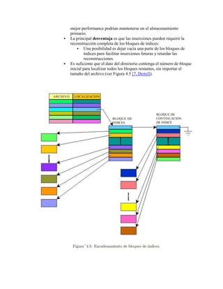 mejor performance podrían mantenerse en el almacenamiento
    primario.
   La principal desventaja es que las inserciones pueden requerir la
    reconstrucción completa de los bloques de índices:
         Una posibilidad es dejar vacía una parte de los bloques de
             índices para facilitar inserciones futuras y retardar las
             reconstrucciones.
   Es suficiente que el dato del directorio contenga el número de bloque
    inicial para localizar todos los bloques restantes, sin importar el
    tamaño del archivo (ver Figura 4.5 [7, Deitel]).
 