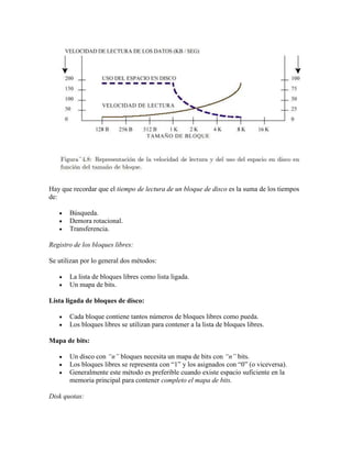 Hay que recordar que el tiempo de lectura de un bloque de disco es la suma de los tiempos
de:

       Búsqueda.
       Demora rotacional.
       Transferencia.

Registro de los bloques libres:

Se utilizan por lo general dos métodos:

       La lista de bloques libres como lista ligada.
       Un mapa de bits.

Lista ligada de bloques de disco:

       Cada bloque contiene tantos números de bloques libres como pueda.
       Los bloques libres se utilizan para contener a la lista de bloques libres.

Mapa de bits:

       Un disco con “n” bloques necesita un mapa de bits con “n” bits.
       Los bloques libres se representa con “1” y los asignados con “0” (o viceversa).
       Generalmente este método es preferible cuando existe espacio suficiente en la
       memoria principal para contener completo el mapa de bits.

Disk quotas:
 