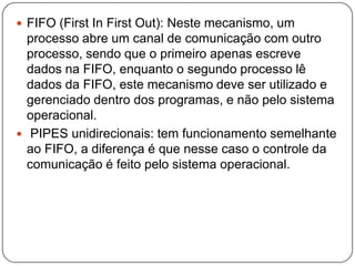 FIFO (First In First Out): Neste mecanismo, um processo abre um canal de comunicação com outro processo, sendo que o primeiro apenas escreve dados na FIFO, enquanto o segundo processo lê dados da FIFO, este mecanismo deve ser utilizado e gerenciado dentro dos programas, e não pelo sistema operacional. PIPES unidirecionais: tem funcionamento semelhante ao FIFO, a diferença é que nesse caso o controle da comunicação é feito pelo sistema operacional.