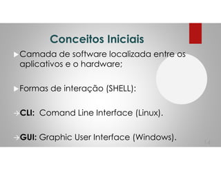 Conceitos Iniciais
Camada de software localizada entre os
aplicativos e o hardware;
Formas de interação (SHELL):
CLI: Comand Line Interface (Linux).
GUI: Graphic User Interface (Windows).
14
 