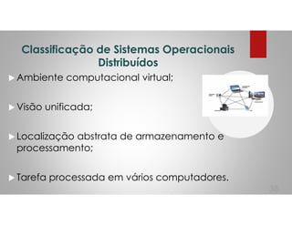 Classificação de Sistemas Operacionais
Distribuídos
Ambiente computacional virtual;
Visão unificada;
Localização abstrata de armazenamento e
processamento;
Tarefa processada em vários computadores.
38
 