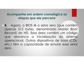 Acompanhe em ordem cronológica as
etapas que ele percorre
4. Agora, o BIOS lê o setor zero (que contém
apenas 512 bytes, denominado Master Boot
Record) do HD. Essa área contém um código
que alavanca a inicialização do sistema
operacional. Outros dispositivos de boot (CDs,
etc.) têm a capacidade de emular esse setor
zero.
50
 