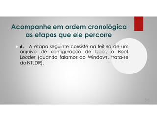 Acompanhe em ordem cronológica
as etapas que ele percorre
6. A etapa seguinte consiste na leitura de um
arquivo de configuração de boot, o Boot
Loader (quando falamos do Windows, trata-se
do NTLDR).
56
 