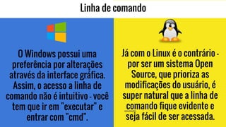 Linha de comando
O Windows possui uma
preferência por alterações
através da interface gráfica.
Assim, o acesso a linha de
comando não é intuitivo — você
tem que ir em "executar" e
entrar com "cmd".
Já com o Linux é o contrário —
por ser um sistema Open
Source, que prioriza as
modificações do usuário, é
super natural que a linha de
comando fique evidente e
seja fácil de ser acessada.
 