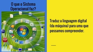 O que o Sistema
Operacional faz?
Traduz a linguagem digital
(da máquina) para uma que
possamos compreender.
 