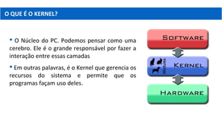 O QUE É O KERNEL?
 O Núcleo do PC. Podemos pensar como uma
cerebro. Ele é o grande responsável por fazer a
interação entre essas camadas
 Em outras palavras, é o Kernel que gerencia os
recursos do sistema e permite que os
programas façam uso deles.
 