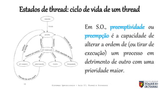 Sistemas Operacionais - Aula 07: Thread e Processos
Estados de thread: ciclo de vida de um thread
39
Em S.O., preemptividade ou
preempção é a capacidade de
alterar a ordem de (ou tirar de
execução) um processo em
detrimento de outro com uma
prioridade maior.
 