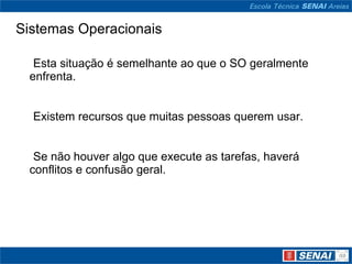 Sistemas Operacionais Esta situação é semelhante ao que o SO geralmente enfrenta. Existem recursos que muitas pessoas querem usar. Se não houver algo que execute as tarefas, haverá conflitos e confusão geral. 