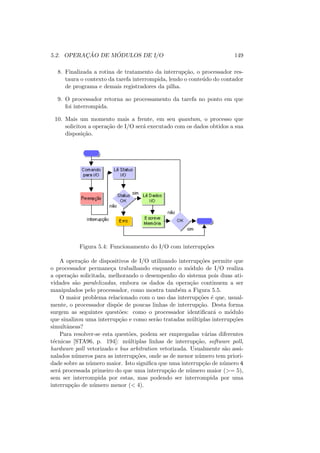 5.2. OPERAÇÃO DE MÓDULOS DE I/O 149
8. Finalizada a rotina de tratamento da interrupção, o processador res-
taura o contexto da tarefa interrompida, lendo o conteúdo do contador
de programa e demais registradores da pilha.
9. O processador retorna ao processamento da tarefa no ponto em que
foi interrompida.
10. Mais um momento mais a frente, em seu quantum, o processo que
solicitou a operação de I/O será executado com os dados obtidos a sua
disposição.
Figura 5.4: Funcionamento do I/O com interrupções
A operação de dispositivos de I/O utilizando interrupções permite que
o processador permaneça trabalhando enquanto o módulo de I/O realiza
a operação solicitada, melhorando o desempenho do sistema pois duas ati-
vidades são paralelizadas, embora os dados da operação continuem a ser
manipulados pelo processador, como mostra também a Figura 5.5.
O maior problema relacionado com o uso das interrupções é que, usual-
mente, o processador dispõe de poucas linhas de interrupção. Desta forma
surgem as seguintes questões: como o processador identificará o módulo
que sinalizou uma interrupção e como serão tratadas múltiplas interrupções
simultâneas?
Para resolver-se esta questões, podem ser empregadas várias diferentes
técnicas [STA96, p. 194]: múltiplas linhas de interrupção, software poll,
hardware poll vetorizado e bus arbitration vetorizada. Usualmente são assi-
nalados números para as interrupções, onde as de menor número tem priori-
dade sobre as número maior. Isto significa que uma interrupção de número 4
será processada primeiro do que uma interrupção de número maior (>= 5),
sem ser interrompida por estas, mas podendo ser interrompida por uma
interrupção de número menor (< 4).
 