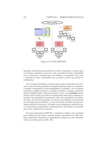 170 CAPÍTULO 5. GERENCIAMENTO DE I/O
Figura 5.18: Famı́lia IBM 3270
adequada, liberando o processador de tal tarefa. O princı́pio é o mesmo para
os terminais orientados à caractere, onde a memória de vı́deo é preenchida
com os caracteres e atributos para sua exibição; ou orientados à bit, onde
a memória de vı́deo é preenchida com os pontos (pixels) que devem ser
renderizados.
Nos terminais orientados à caractere apenas telas constituı́das de carac-
teres e uma limitada quantidade de sı́mbolos gráficos podem ser compostas
e exibidas, restringindo as suas possibilidades de utilização. Já os terminais
orientados à mphbit permitem a exibição de gráficos e imagens, caracteres
usando múltiplos fontes, sistemas de janelas, ı́cones, cuja resolução (quan-
tidade total de pixels que podem ser apresentados numa única imagem) de-
pendente da quantidade de memória de vı́deo, das capacidades do monitor
de vı́deo e do meio de transmissão. As telas são reproduzidas em ciclos de 20
ms (terminais monocromáticos) e 17 ms (terminais coloridos) permitindo a
rápida exibição de caracteres. O teclado, nesta configuração também torna-
se completamente independente, interrompendo o processador do terminal
para enviar seqüências de caracteres.
Os microcomputadores IBM PC e compatı́veis utilizam esta estratégia
para exibição de seus vı́deos, podendo possuir controladores de vı́deo bas-
tante sofisticados, destinados a reprodução de imagens em alta velocidade
(vı́deo) ou renderização em 2D e 3D.
 