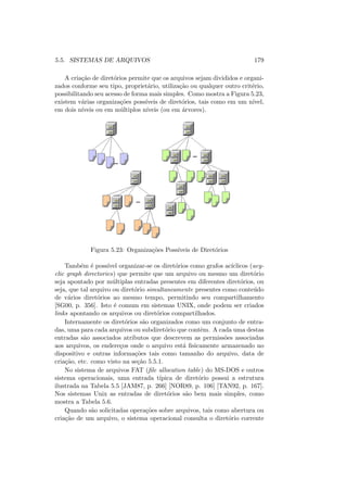 5.5. SISTEMAS DE ARQUIVOS 179
A criação de diretórios permite que os arquivos sejam divididos e organi-
zados conforme seu tipo, proprietário, utilização ou qualquer outro critério,
possibilitando seu acesso de forma mais simples. Como mostra a Figura 5.23,
existem várias organizações possı́veis de diretórios, tais como em um nı́vel,
em dois nı́veis ou em múltiplos nı́veis (ou em árvores).
Figura 5.23: Organizações Possı́veis de Diretórios
Também é possı́vel organizar-se os diretórios como grafos acı́clicos (acy-
clic graph directories) que permite que um arquivo ou mesmo um diretório
seja apontado por múltiplas entradas presentes em diferentes diretórios, ou
seja, que tal arquivo ou diretório simultaneamente presentes como conteúdo
de vários diretórios ao mesmo tempo, permitindo seu compartilhamento
[SG00, p. 356]. Isto é comum em sistemas UNIX, onde podem ser criados
links apontando os arquivos ou diretórios compartilhados.
Internamente os diretórios são organizados como um conjunto de entra-
das, uma para cada arquivos ou subdiretório que contêm. A cada uma destas
entradas são associados atributos que descrevem as permissões associadas
aos arquivos, os endereços onde o arquivo está fisicamente armazenado no
dispositivo e outras informações tais como tamanho do arquivo, data de
criação, etc. como visto na seção 5.5.1.
No sistema de arquivos FAT (file allocation table) do MS-DOS e outros
sistema operacionais, uma entrada tı́pica de diretório possui a estrutura
ilustrada na Tabela 5.5 [JAM87, p. 266] [NOR89, p. 106] [TAN92, p. 167].
Nos sistemas Unix as entradas de diretórios são bem mais simples, como
mostra a Tabela 5.6.
Quando são solicitadas operações sobre arquivos, tais como abertura ou
criação de um arquivo, o sistema operacional consulta o diretório corrente
 
