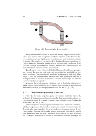 46 CAPÍTULO 2. PROCESSOS
Figura 2.11: Representação de um deadlock
Independentemente do tipo, os deadlocks causam prejuı́zos sérios ao sis-
tema, pois mesmo num one-process deadlock, recursos ficam alocados des-
necessariamente, o que significa que restarão menos recursos para os demais
processos. Nos deadlocks circulares, além da alocação desnecessária de re-
cursos, podem ser formadas filas de esperas pelos recursos envolvidos, dete-
riorando o tempo de resposta do sistema, podendo até causar situações de
instabilidade ou crash do sistema operacional.
Quando um processo é bloqueado indefinidamente, ficando em espera por
um recurso, dizemos que está ocorrendo um adiamento indefinido ou blo-
queio indefinido (respectivamente indefinite postponement, indefinite bloc-
king). Como um processo nessa situação não pode prosseguir com sua a
execução devido a ausência de recursos, também dizemos que ele está em
starvation (isto é, estagnado).
A maioria dos problemas que culminam com os deadlocks estão relacio-
nados com recursos dedicados, isto é, com recursos que devem ser utilizados
serialmente, ou seja, por um processo de cada vez [DEI92, p. 156].
2.11.1 Diagramas de processos e recursos
O estudo dos bloqueios perpétuos pode ser bastante facilitado através da
utilização de diagramas especiais denominados diagramas de alocação de re-
cursos ou diagramas de processo versus recursos ou ainda grafos de alocação
de recursos [SGG01, p. 162].
Nestes diagramas existem apenas duas entidades, processos e recursos,
interligadas por arcos direcionados. Os processos são representados através
de quadrados ou retângulos. Os recursos são representados através de cir-
cunferências. Os arcos direcionados unindo processos e recursos são usados
com dois significados distintos: requisição de recursos e alocação de recur-
sos. Na Figura 2.12 temos os elementos construtivos possı́veis deste tipo de
 