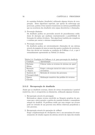 50 CAPÍTULO 2. PROCESSOS
de caminhos fechados (deadlocks) utilizando alguma técnica de recu-
peração. Estes algoritmos especiais, que apesar da sobrecarga que
provocam, podem evitar maiores transtornos no sistema possibilitando
que na ocorrência dos deadlocks estes sejam descobertos e eliminados.
3. Prevenção dinâmica
Os deadlocks podem ser prevenido através de procedimentos cuida-
dosos de alocação que analisam constantemente a possibilidade de
formação de cadeias circulares. Tais algoritmos também são complexos
e acabam por onerar o sistema computacional.
4. Prevenção estrutural
Os deadlocks podem ser estruturalmente eliminados de um sistema
através da negação de uma ou mais das quatro condições de ocorrência.
Para isto devem ser tratadas as condições de Coffman et al., o que é
resumidamente apresentado na Tabela 2.4 abaixo.
Tabela 2.4: Condições de Coffman et al. para prevenção de deadlocks
Condição Aproximação
Exclusão Colocar todos os recursos do sistema em spool.
Mútua
Retenção Exigir a alocação inicial de todos os recursos
e Espera necessários.
Ausência de Retirada de recursos dos processos.
Preemptividade
Espera Ordenação numérica dos pedidos de recursos.
Circular
2.11.3 Recuperação de deadlocks
Ainda que os deadlocks ocorram, dentro de certas circunstâncias é possı́vel
resolvê-los, isto é, recuperá-los ou eliminá-los, utilizando algumas técnicas:
1. Recuperação através de preempção
Retirando-se algum recurso envolvido no bloqueio perpétuo do pro-
cesso que o aloca permite a quebra do caminho fechado e conseqüente
solução do deadlock. O problema reside que nem sempre um recurso
pode ser retirado de um processo sem efeitos colaterais prejudiciais a
este processo.
2. Recuperação através de operações de rollback
Exige a implementação de checkpoints, isto é, um mecanismo de arma-
zenamento de estados seguros do sistema através da cópia dos estados
 
