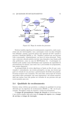 3.4. QUALIDADE DO ESCALONAMENTO 71
Figura 3.2: Mapa de estados dos processos
Existem também algoritmos de escalonamento cooperativo, onde os pro-
cessos não são interrompidos, mas a preempção ocorre em duas situações
bem definidas: quando o processo efetua uma operação de I/O e quando o
processo é finalizado [SGG01, p. 97]. Também é possı́vel que um processo
ceda o processador, voluntáriamente, em favor de outros processos. Neste
caso, o processo educado poderia executar uma chamada a uma função yeld
(dar preferência), como no caso do MS-Windows 3.1. A preempção vo-
luntária pode auxiliar numa distribuição mais equitativa da capacidade de
processamento do sistema, mas conta com a generosidade do programador,
nem sempre disponı́vel.
A preemptividade de certos algoritmos se baseia no fato de que o pro-
cessador é, naturalmente, um recurso preemptivo, ou seja, um recurso que
pode ser retirado de um processo e posteriormente devolvido sem prejuı́zo.
O mesmo acontece com a memória. Por outro lado, outros tipos de recursos
não podem sofrer preempção, tais como impressoras e até mesmo arquivos,
dado que muitas vezes não podem ser retirados de um processo sem que
ocorra prejuı́zo para este.
3.4 Qualidade do escalonamento
Existem várias critérios que permitem a avaliação da qualidade do serviço
oferecido por um algoritmo de escalonamento [SGG01, p. 98]: uso do pro-
cessador, throughput, tempo de resposta e tempo de permanência.
O tempo de permanência, tempo de retorno ou turnaround time,
é um critério simples dado pela soma do tempo de espera com o tempo
de serviço ou tempo de execução:
 