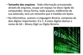 • Tamanho dos arquivos - Toda informação armazenada
através de arquivos, ocupa um espaço no disco rígido do
computador. Dessa forma, todo arquivo, indiferente de
sua extensão, terá um tamanho que é medido em bytes.
• Na informática, usamos a Linguagem Binária, composta de
dois dígitos importantes: 0 e 1. A estes dígitos damos o
nome de bit – Binary Digit ou Dígito Binário.

 