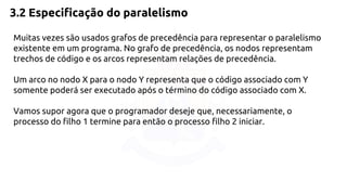 3.2 Especificação do paralelismo 
Muitas vezes são usados grafos de precedência para representar o paralelismo 
existente em um programa. No grafo de precedência, os nodos representam 
trechos de código e os arcos representam relações de precedência. 
Um arco no nodo X para o nodo Y representa que o código associado com Y 
somente poderá ser executado após o término do código associado com X. 
Vamos supor agora que o programador deseje que, necessariamente, o 
processo do filho 1 termine para então o processo filho 2 iniciar. 
 