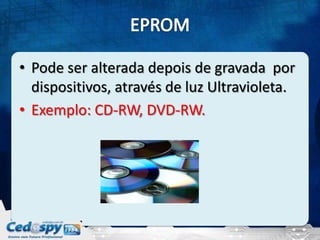 • Pode ser alterada depois de gravada por
  dispositivos, através de luz Ultravioleta.
• Exemplo: CD-RW, DVD-RW.
 