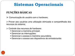 FUNÇÕES BÁSICAS
 Comunicação do usuário com o hardware;
 Prover aos usuários uma utilização otimizada e compartilhada dos
recursos do sistema;
 Controle dos recursos de hardware:
 Gerenciar a memória principal;
 Gerenciar as interrupções;
 Gerenciar o acesso à memória secundária;
 Gerenciar o acesso aos dispositivos de entrada/saída.
3
Sistemas Operacionais
 