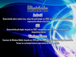 Desenvolvido sobre núcleo Linux, adquirido pela Google em 2005, atualmente é desenvolvido pela
                                  empresa de software Sun Corp.


     Desenvolvido pela Apple, lançado em 2007, começando a partir dai uma revolução nos
                                       dispositivos móveis.


Sucessor do Windows Mobile, lançado em 2010 pela Microsoft buscando um novo tipo de mercado.
                 Tornou-se o principal sistema operacional da Nokia em 2011.
 