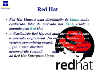 Red Hat
• Red Hat Linux é uma distribuição de Linux muito
  conhecida, líder do mercado nos EUA, criada e
  mantida pela Red Hat.
• A distribuição Red Hat está atualmente voltada para
  o mercado empresarial. No entanto, mantém a sua
  vertente comunitária através do projeto Fedora Core
  , que é uma distribuição totalmente livre, gratuita,
  desenvolvida comunitariamente e que serve de base
  ao Red Hat Enterprise Linux.
 