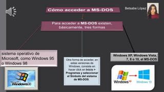 Betsabe López
sistema operativo de
Microsoft, como Windows 95
o Windows 98
Windows XP, Windows Vista,
7, 8 o 10, el MS-DOS
Otra forma de acceder, en
estas versiones de
Windows, consiste en
hacer click en Inicio >
Programas y seleccionar
el Símbolo del sistema
de MS-DOS.
 
