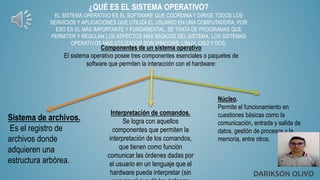 ¿QUÉ ES EL SISTEMA OPERATIVO?
EL SISTEMA OPERATIVO ES EL SOFTWARE QUE COORDINA Y DIRIGE TODOS LOS
SERVICIOS Y APLICACIONES QUE UTILIZA EL USUARIO EN UNA COMPUTADORA, POR
ESO ES EL MÁS IMPORTANTE Y FUNDAMENTAL. SE TRATA DE PROGRAMAS QUE
PERMITEN Y REGULAN LOS ASPECTOS MÁS BÁSICOS DEL SISTEMA. LOS SISTEMAS
OPERATIVOS MÁS UTILIZADOS SON WINDOWS, LINUX, OS/2 Y DOS.
Componentes de un sistema operativo
El sistema operativo posee tres componentes esenciales o paquetes de
software que permiten la interacción con el hardware:
Sistema de archivos.
Es el registro de
archivos donde
adquieren una
estructura arbórea.
Interpretación de comandos.
Se logra con aquellos
componentes que permiten la
interpretación de los comandos,
que tienen como función
comunicar las órdenes dadas por
el usuario en un lenguaje que el
hardware pueda interpretar (sin
Núcleo.
Permite el funcionamiento en
cuestiones básicas como la
comunicación, entrada y salida de
datos, gestión de procesos y la
memoria, entre otros.
DARIKSON OLIVO
 