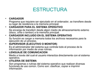 ESTRUCTURA CARGADOR Programa que requiere ser ejecutado en el ordenador, se transfiere desde su lugar de residencia a la memoria principal.   CARGADOR PARA EL SISTEMA OPERATIVO Se encarga de transferir desde algún medio de almacenamiento externo (disco, cinta o tambor) a la memoria principal. CARGADOR INCLUIDO EN EL SISTEMA OPERATIVO Su función es cargar a memoria todos los archivos necesarios para la ejecución de un proceso. SUPERVISOR (EJECUTIVO O MONITOR) Es el administrador del sistema que controla todo el proceso de la información por medio de unas rutinas.  LENGUAJE DE COMUNICACION Medio a través del cual el usuario interactúa directamente con el sistema operativo.  UTILERIA DE SISTEMA Son programas o rutinas del sistema operativo que realizan diversas funciones de uso común. Como son: clasificar, copiar e imprimir información. 
