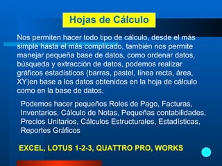 Hojas de Cálculo Nos permiten hacer todo tipo de cálculo, desde el más simple hasta el más complicado, también nos permite manejar pequeña base de datos, como ordenar datos, búsqueda y extracción de datos, podemos realizar gráficos estadísticos (barras, pastel, línea recta, área, XY)en base a los datos obtenidos en la hoja de cálculo como en la base de datos.   Podemos hacer pequeños Roles de Pago, Facturas, Inventarios, Cálculo de Notas, Pequeñas contabilidades, Precios Unitarios, Cálculos Estructurales, Estadísticas, Reportes Gráficos   EXCEL,   LOTUS 1-2-3, QUATTRO PRO, WORKS 