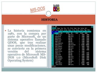 MS-DOSHISTORIALa historia comienza en 1981, con la compra por parte de Microsoft, de un sistema operativo llamado QDOS, que tras realizar unas pocas modificaciones, se convierte en la primera versión del sistema operativo de Microsoft MS-DOS 1.0 (MicroSoft Disk OperatingSystem)