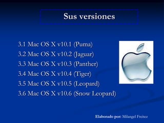 Sus versiones3.1 Mac OS X v10.1 (Puma) 3.2 Mac OS X v10.2 (Jaguar) 3.3 Mac OS X v10.3 (Panther) 3.4 Mac OS X v10.4 (Tiger) 3.5 Mac OS X v10.5 (Leopard) 3.6 Mac OS X v10.6 (Snow Leopard)Elaborado por: Milangel Freitez