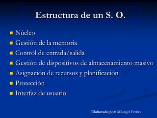 Estructura de un S. O.NúcleoGestión de la memoriaControl de entrada/salidaGestión de dispositivos de almacenamiento masivoAsignación de recursos y planificaciónProtecciónInterfaz de usuarioElaborado por: Milangel Freitez